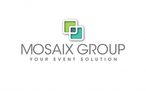 Logo for mosaix group with two colorful boxes overlapping then the words MOSAIX GROUP then the tag line your event solution below